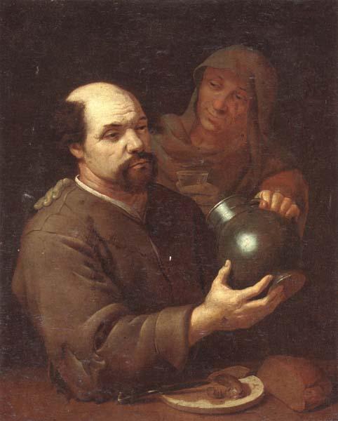unknow artist A man seated at a table holding a flagon,a servant offering him a glass of wine oil painting image
